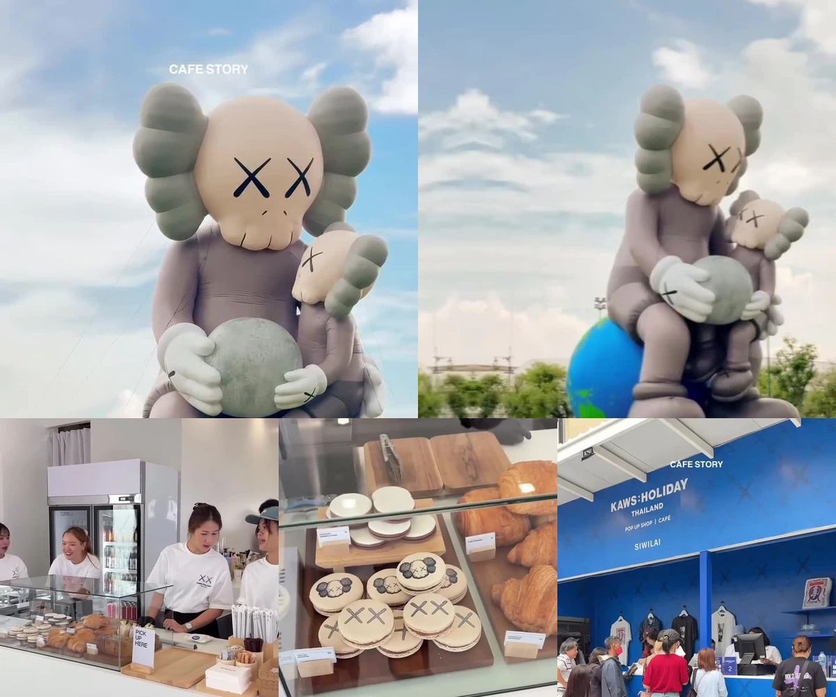 ภาพรีวิว KAWS:HOLIDAY THAILAND • ป๊อปอัพคาเฟ่ — ประติมากรรม COMPANION กับเบเกอรี่ลาย KAWS ริมสนามหลวง