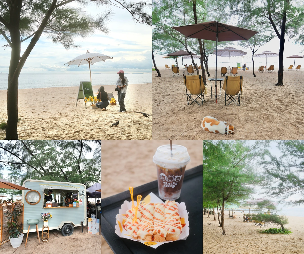 ภาพรีวิว Triple O Coffee • แหลมเจริญ — คาเฟ่ฟู้ดทรัคริมทะเลระยอง กับเก้าอี้ชายหาดใต้ร่มสน
