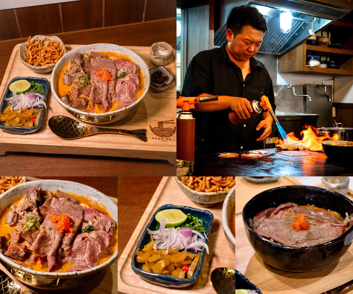ภาพรีวิว KHAO-SŌ-i • เซ็นทรัลพระราม 9 — ข้าวซอยเส้นสดกับหน้าเนื้อและครัวที่มองเห็นการปรุงอาหาร
