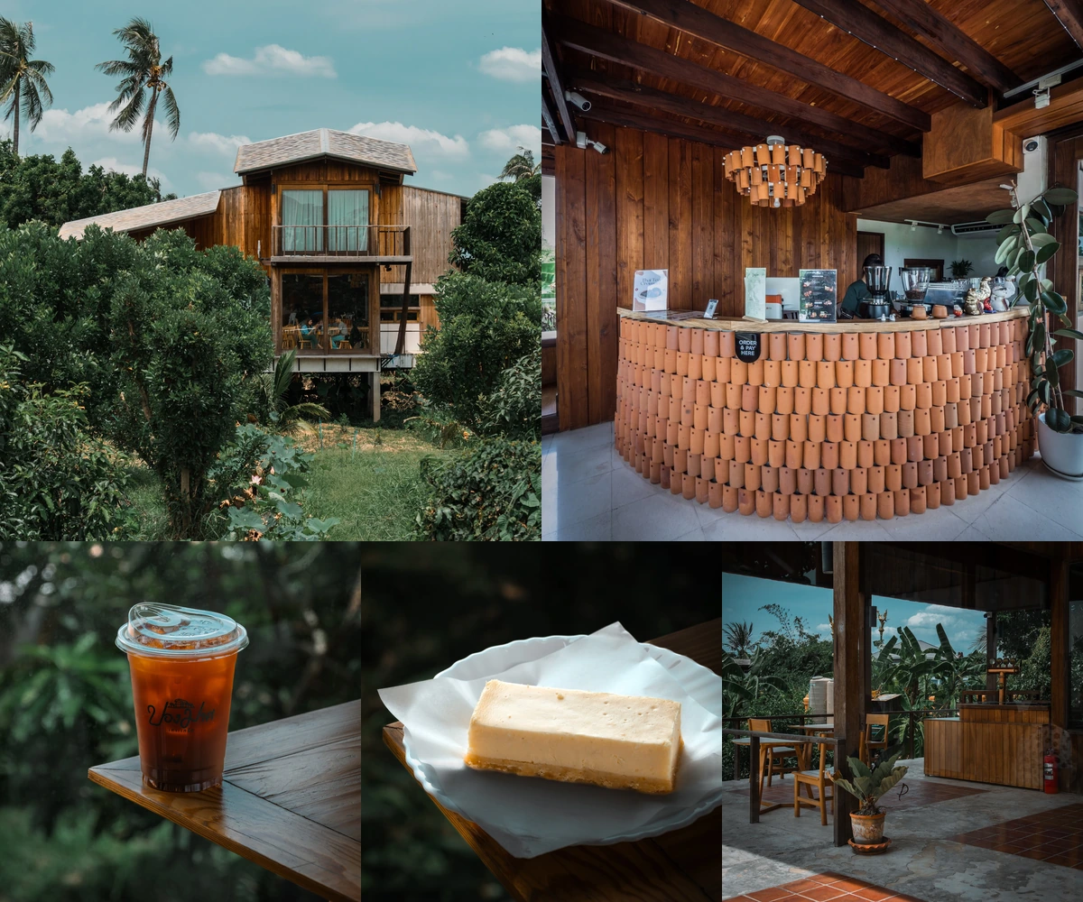 ภาพรีวิว ปองมาศ คาเฟ่ — คาเฟ่บ้านไม้ยกใต้ถุนสูงในสวนบนเกาะเกร็ด