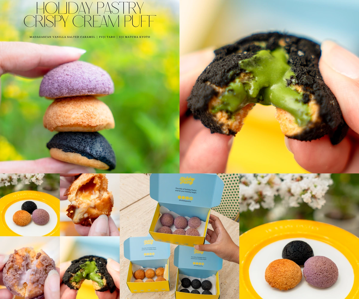 ภาพรีวิว OSAKA CRISPY CREAM PUFF • Holiday Pastry — ครีมพัฟเคลือบคาราเมลกับไส้ครีมสามรสจาก Holiday Pastry