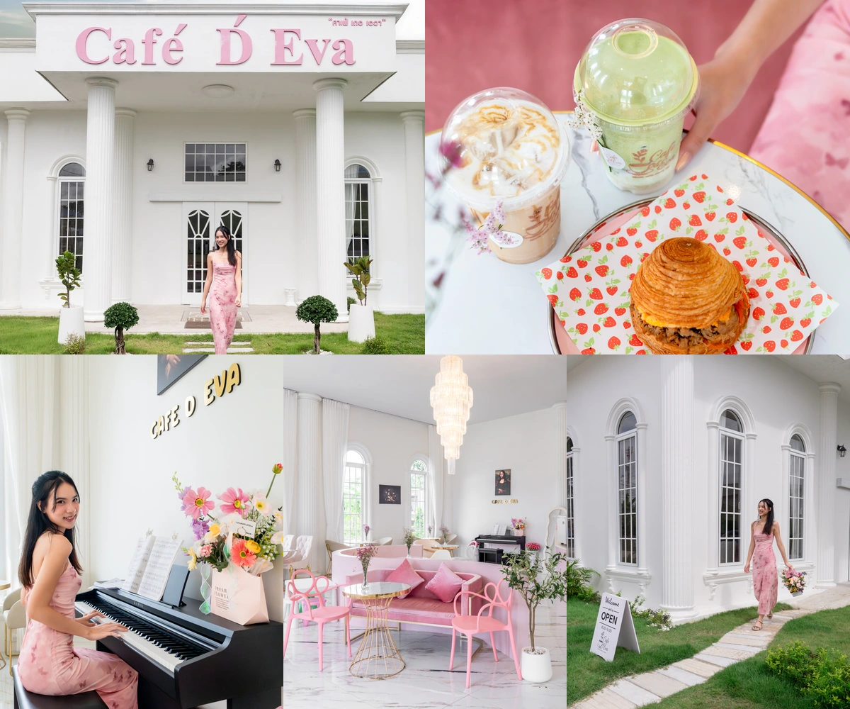 ภาพรีวิว Café D’Eva — คาเฟ่อาคารสีขาวกับดอกไม้และโทนชมพูพาสเทล