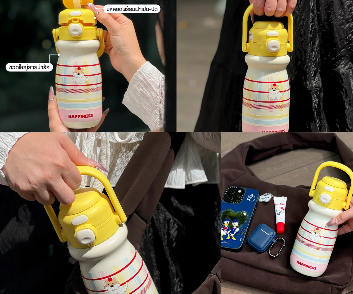 ภาพรีวิว Moshi Moshi • แก้วเก็บอุณหภูมิ — แก้วสเตนเลสลาย Hello Kitty พร้อมหลอดและหูหิ้ว